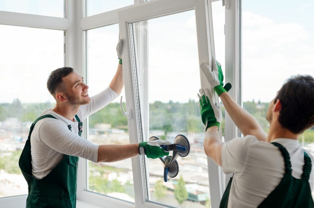 Arbeiter beim Einbau eines Fensters