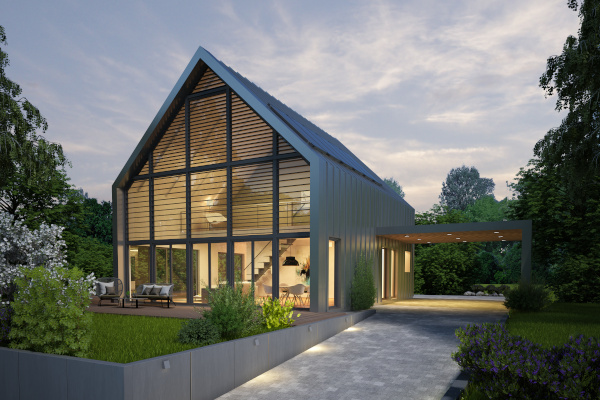 Modernes Haus aus Glas und Metall in Waldlandschaft bei Sonnenuntergang.