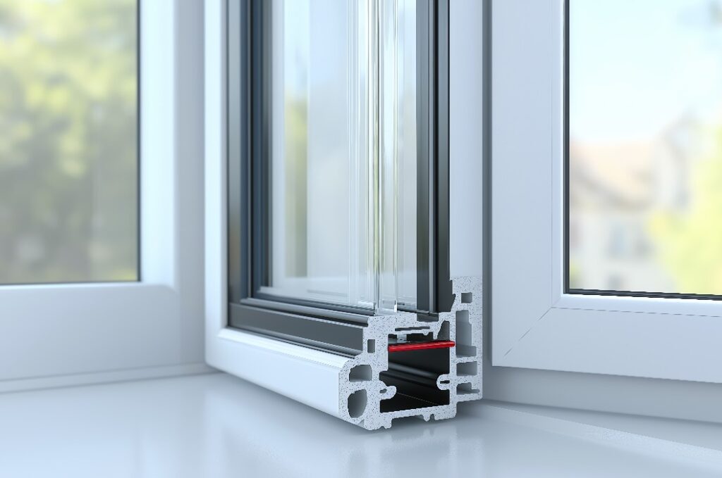 Querschnitt eines modernen Fensterrahmens, der energieeffiziente Doppelverglasung und strukturelle Details einer zeitgenössischen Konstruktion zeigt, Generative Ai