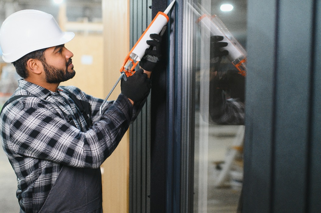 Ein indischer Arbeiter trägt Polyurethanschaum auf, um den Spalt zwischen Fensterflügel und Fensterrahmen in einem vorgefertigten Modulhaus zu füllen