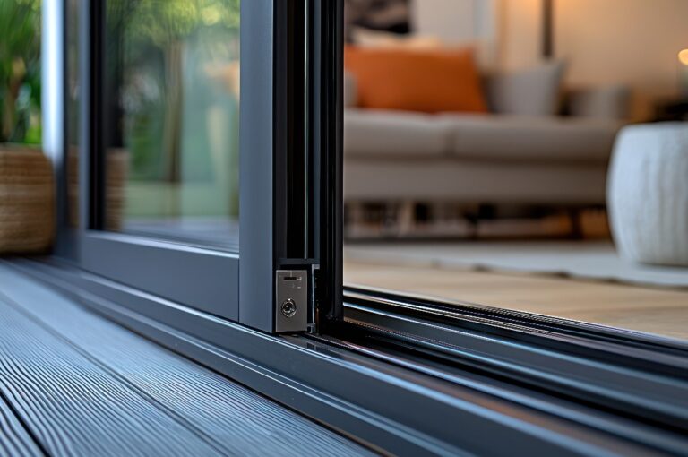 Nahaufnahme einer Terrassenschiebetür mit Aluminiumrahmen, die die robuste und elegante Konstruktion des Türsystems verdeutlicht.