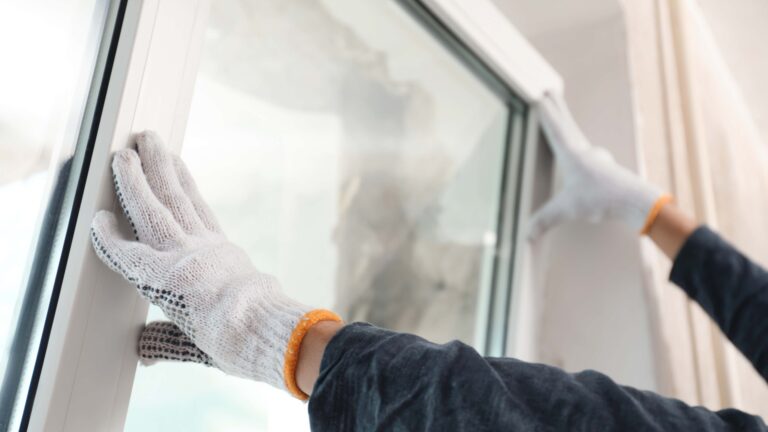 Arbeiter beim Einbau eines Kunststofffensters in einem Innenraum, Nahaufnahme