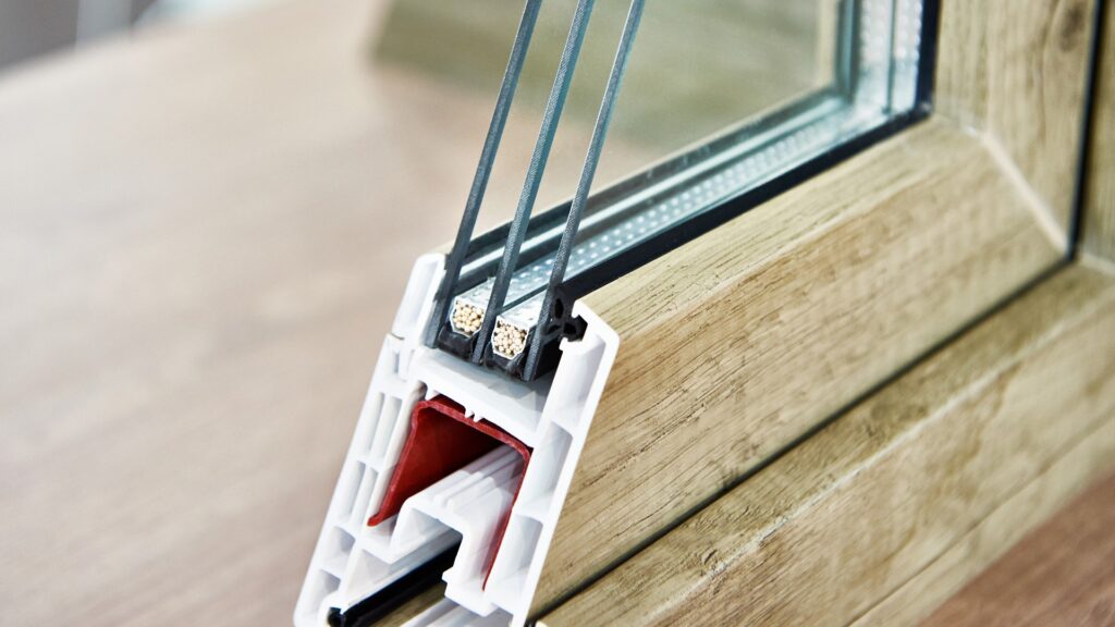 Querschnitt eines Fensterrahmens mit einer Dreifachverglasung